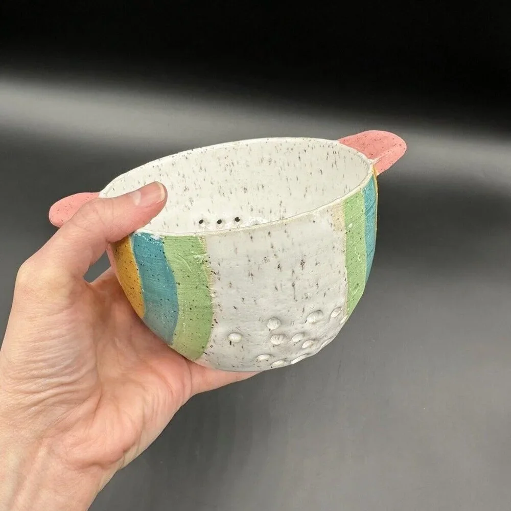 Rainbow Speckled Art Pottery Colander Bowl Storage Display Pink White Matte READ